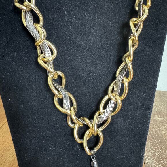 Artisan‎ Made Two Tone Chunky Double Chain Rhinestone Medallion Necklace - Picture 2 of 6